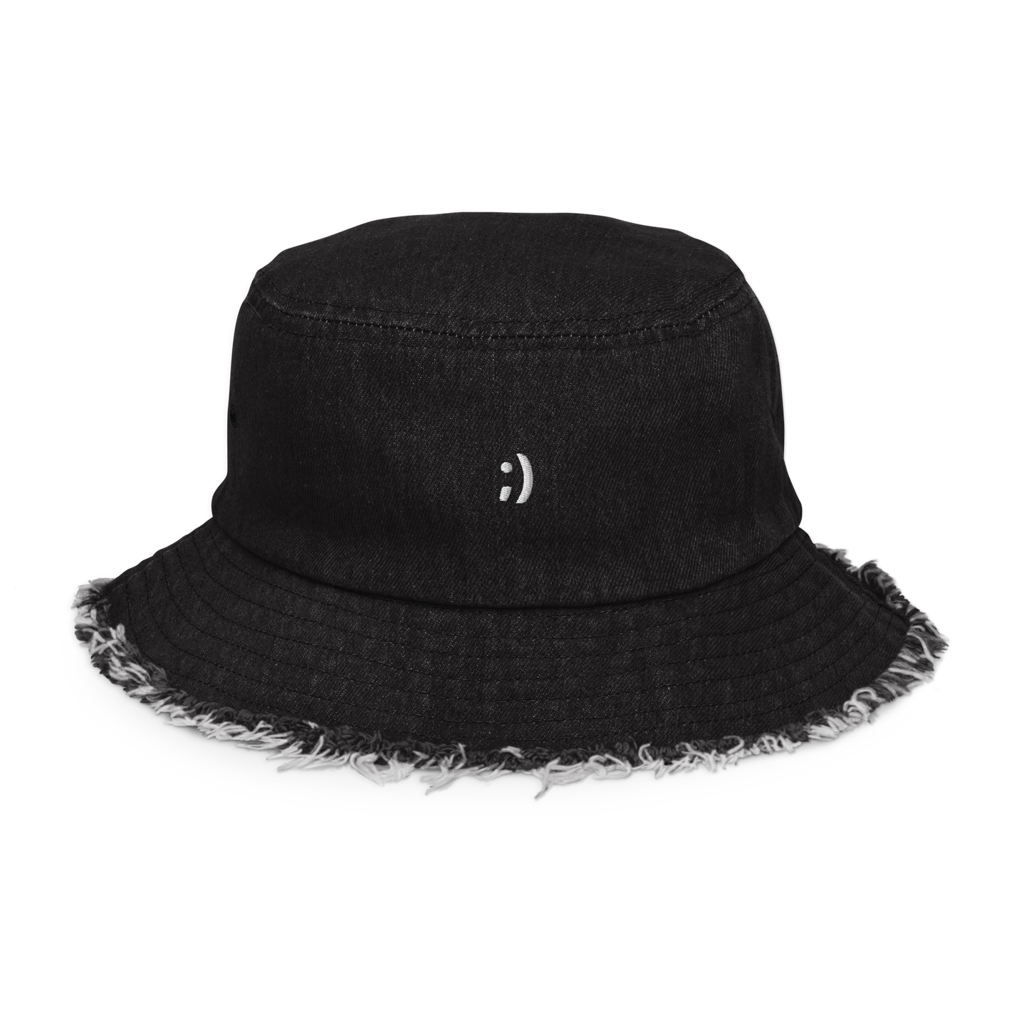 Winky Face Distressed Denim Bucket Hat