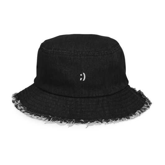 Winky Face Distressed Denim Bucket Hat