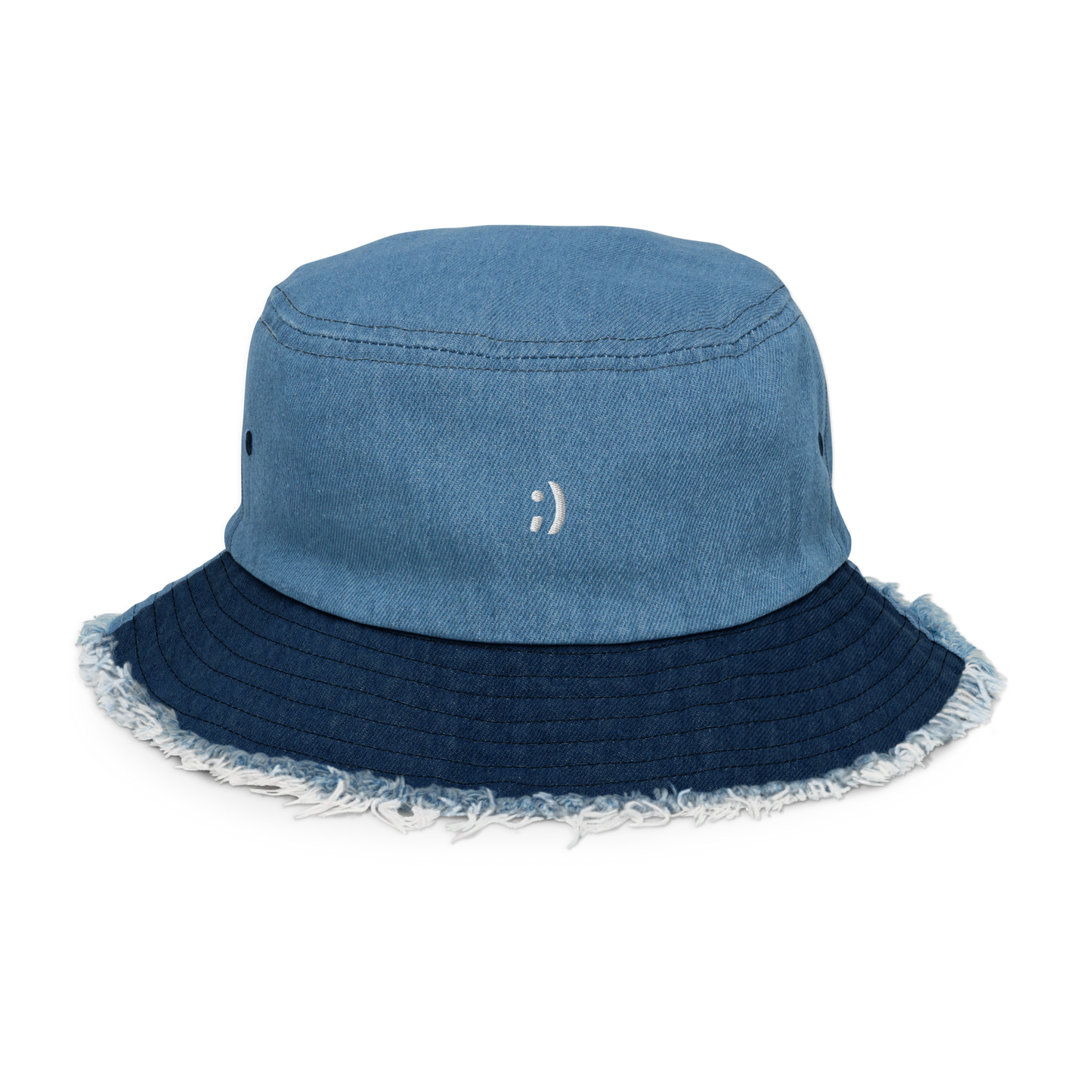 Winky Face Distressed Denim Bucket Hat