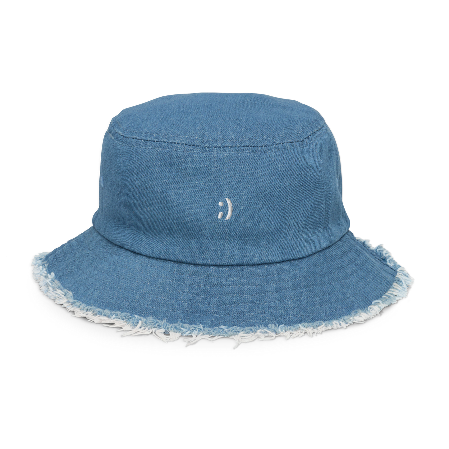 Winky Face Distressed Denim Bucket Hat